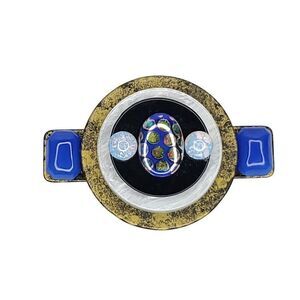 Vintage Art Deco Geometric Statement Brooch Black Blue Gold Plastic Glass 2 3/4"